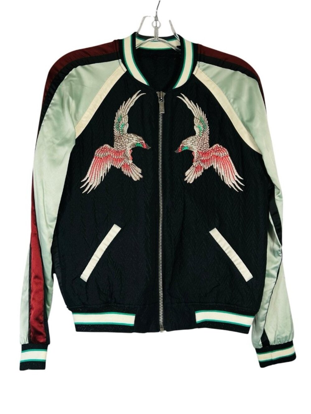 Maison Scotch Embroidered Crane Bomber Jacket Studio Rental Satin Varsity Sz S